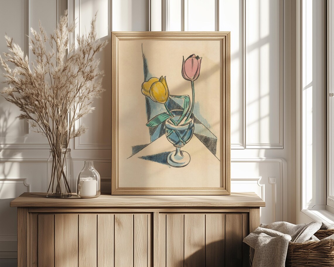 Yellow And Pink Tulips In A Glass Vase Cubist Style Art Print - Image 4