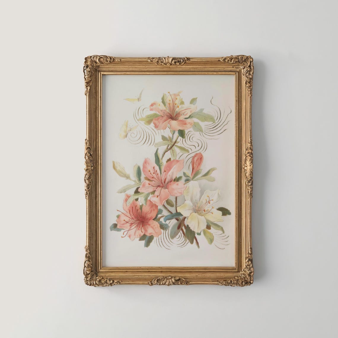 Peach Azalea Blossom with Butterfly Vintage Japanese Floral Poster