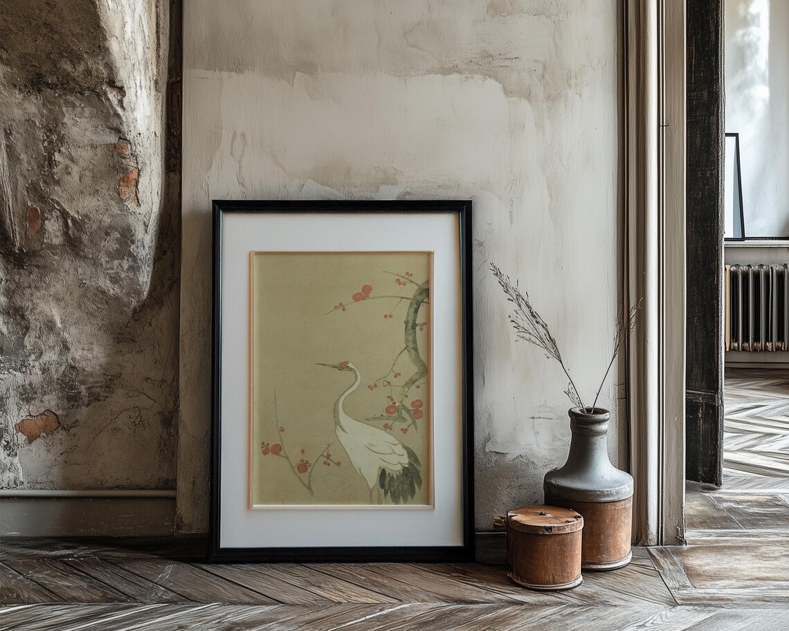 Japanese Crane Red Plum Blossom Branch Watercolor Art Poster - Image 3
