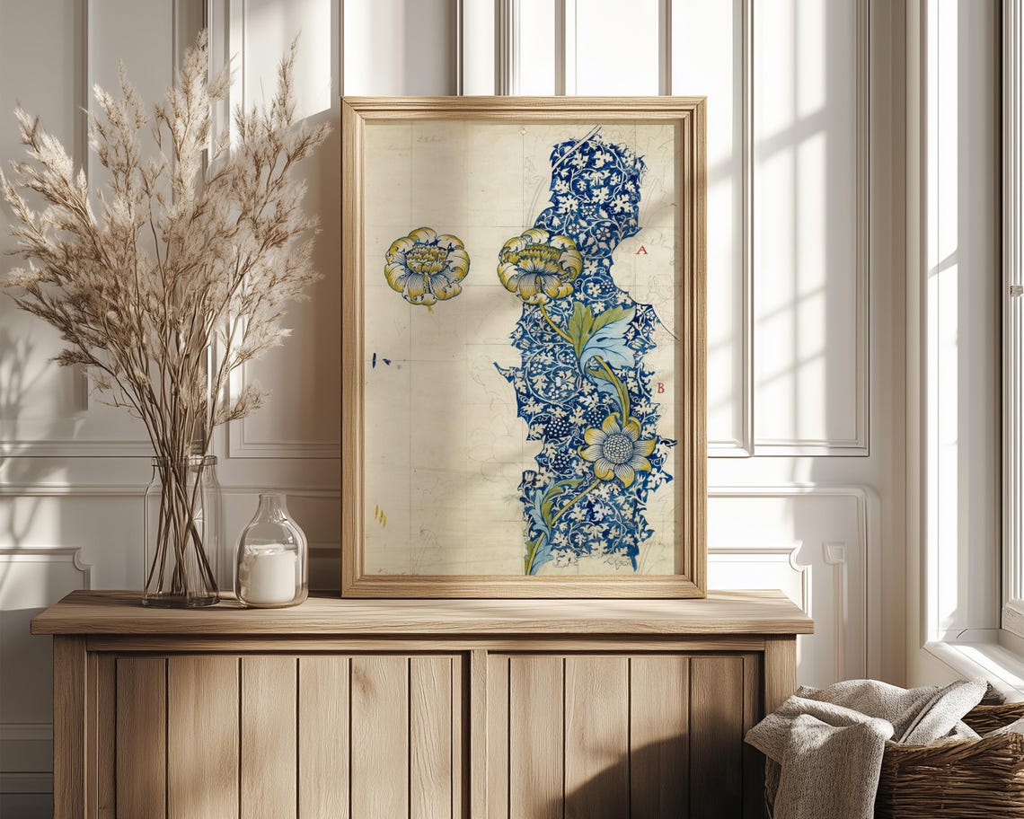 William Morris Style Blue Floral Column Design Study Art Poster - Image 4
