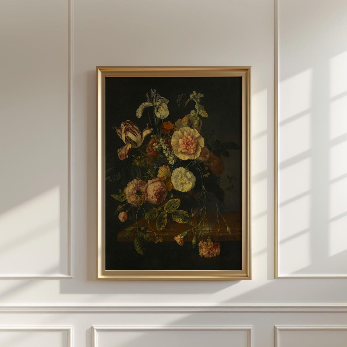 Striped Tulips Iris and Peonies Dark Floral Bouquet Painting Poster - Image 5
