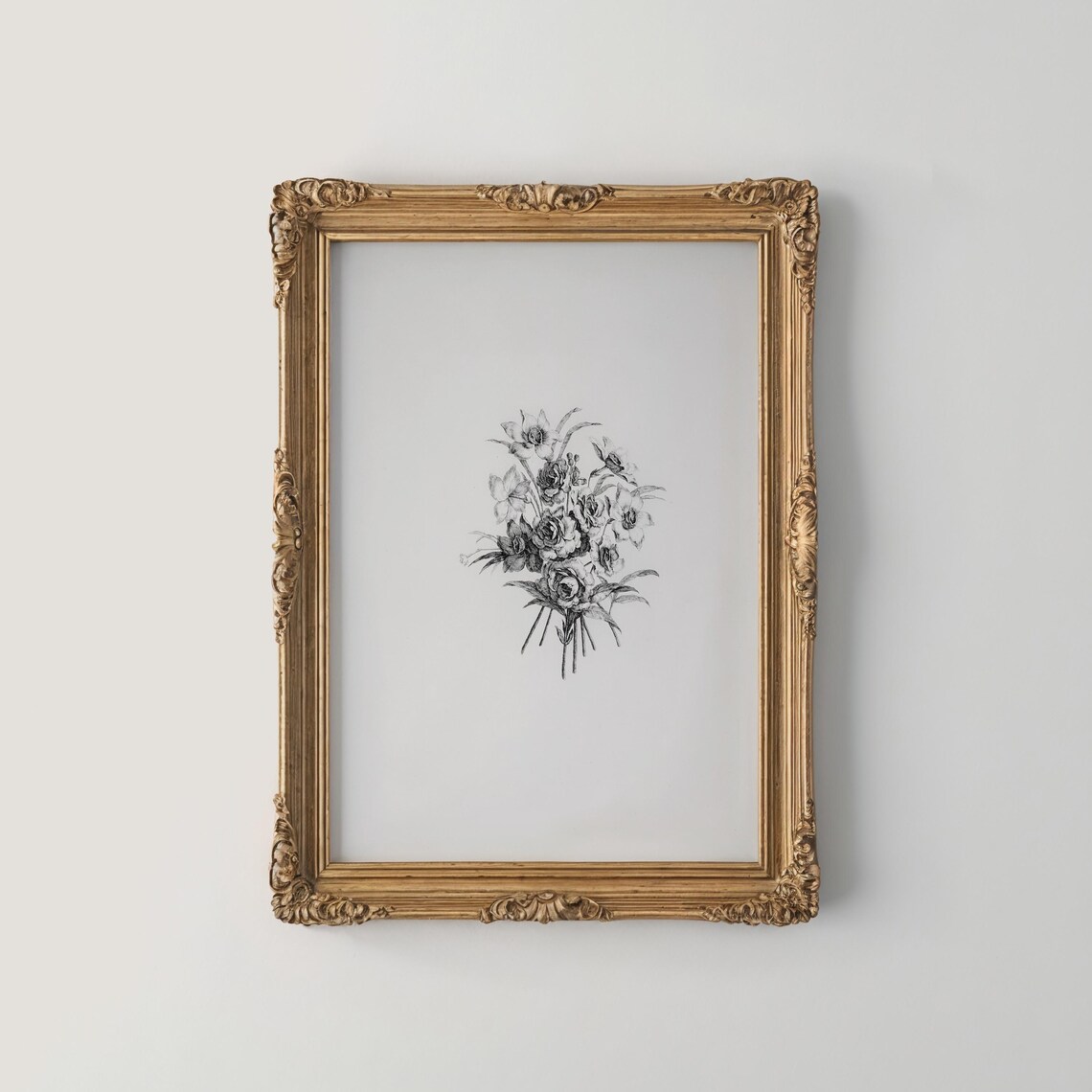 Vintage Black and White Botanical Bouquet Engraving Art Poster