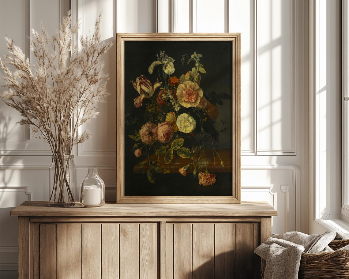 Striped Tulips Iris and Peonies Dark Floral Bouquet Painting Poster - Image 4