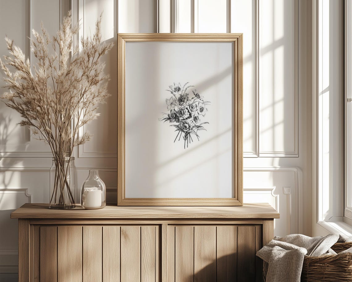 Vintage Black and White Botanical Bouquet Engraving Art Poster - Image 4