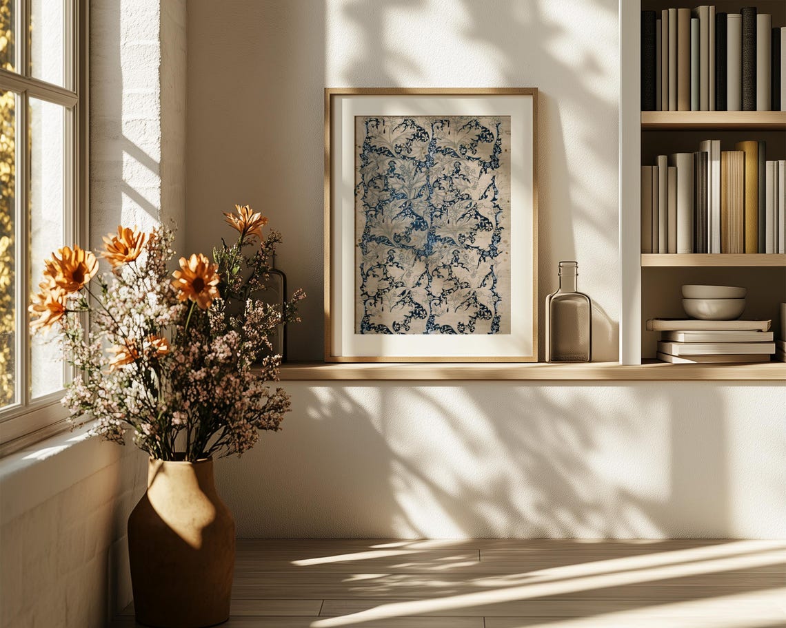 Indigo and Cream Floral Wallpaper Pattern Morris Style Poster - Image 6