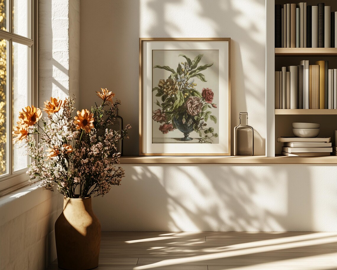 Classical Hand Colored Floral Engraving Roses Urn Vase Antique Poster - Image 6