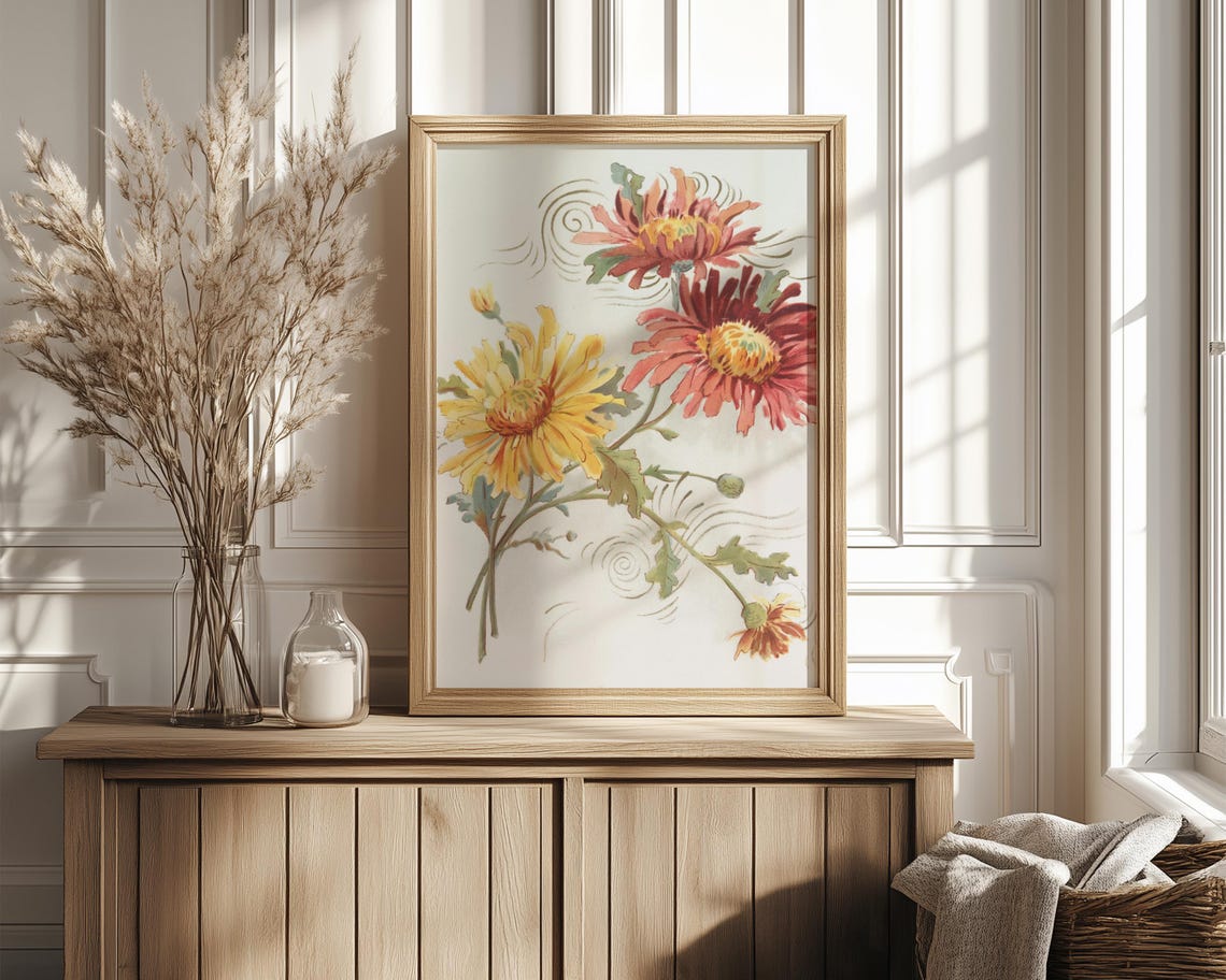 Pink Red And Yellow Chrysanthemum Botanical Framed Decor Print - Image 4