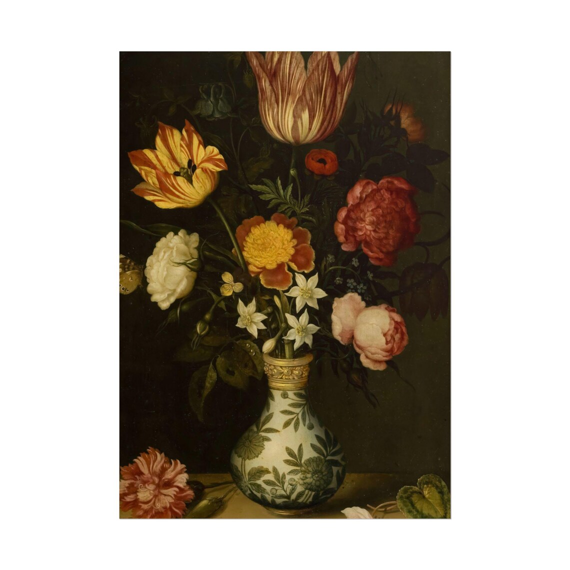 Tulips and Peonies in Blue Porcelain Vase Dark Still Life Poster - Image 3
