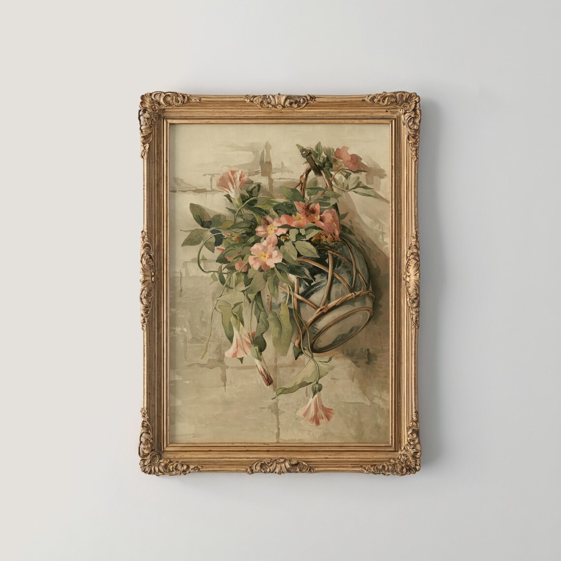 Hanging Basket of Pink Flowers in Soft Watercolor Garden Art Poster