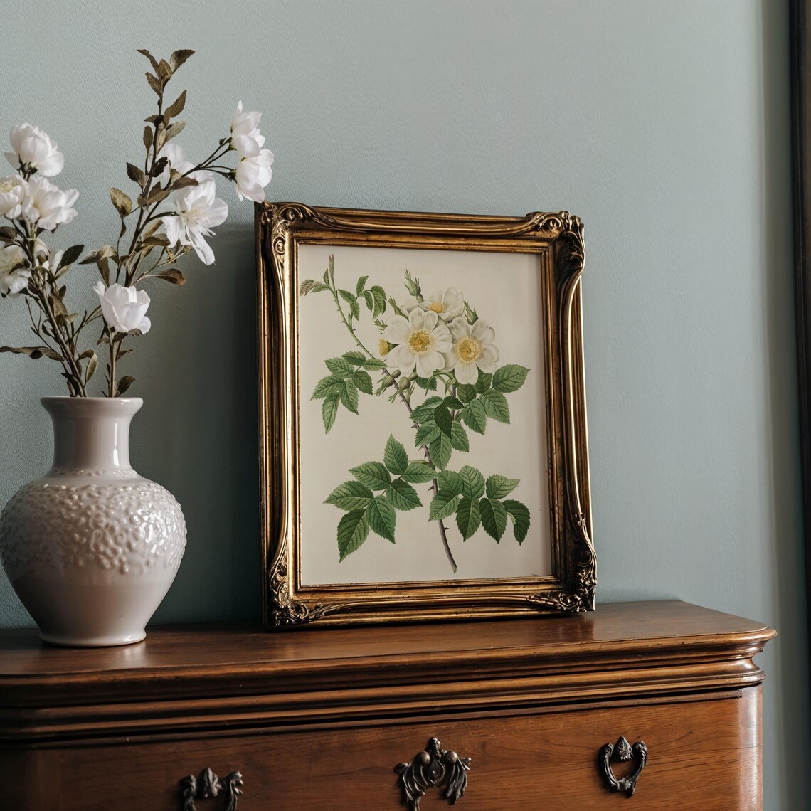 White Wild Rose Blossom Cluster Vintage Botanical Illustration Poster - Image 2