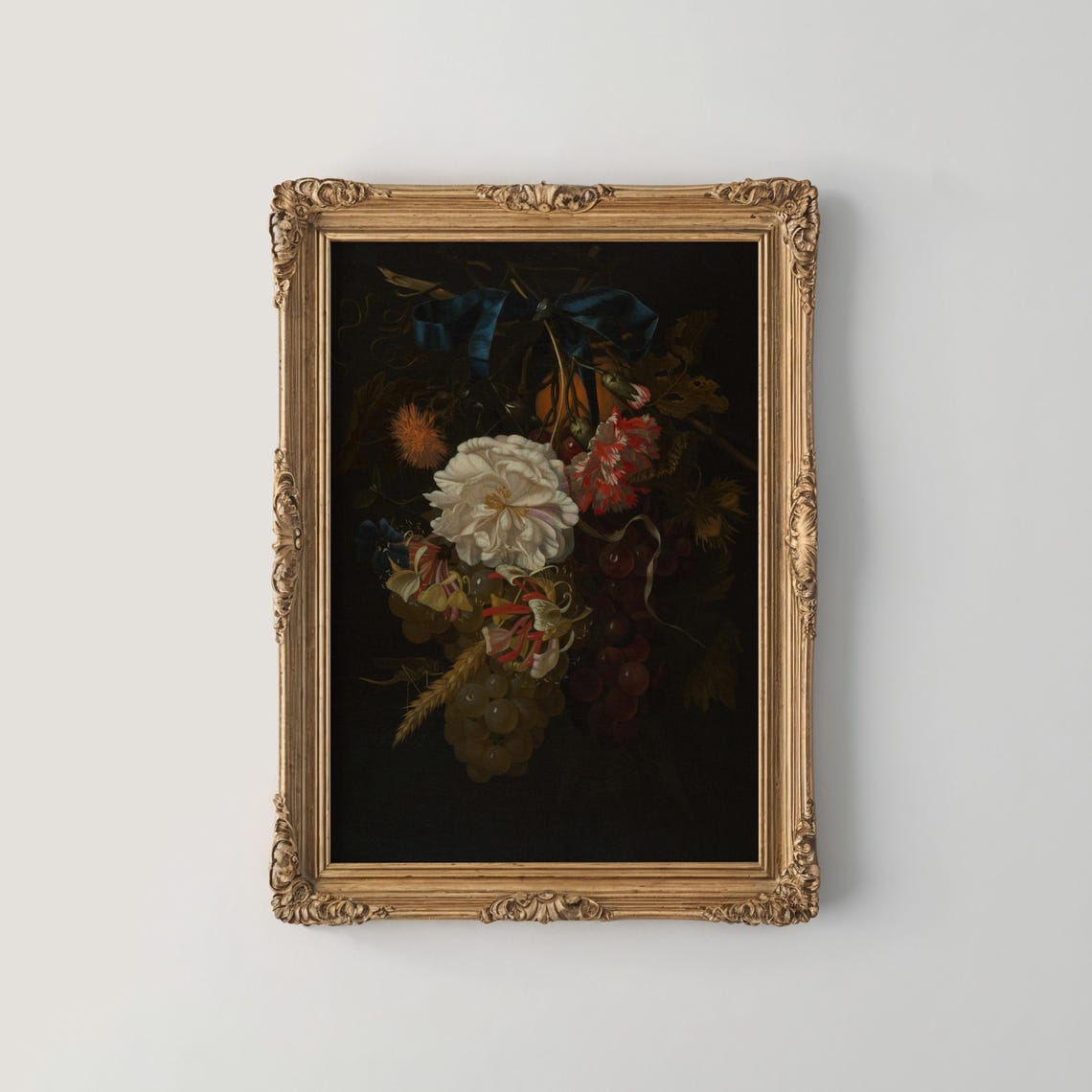 Dark Baroque Floral Festoon White Rose Blue Ribbon Vintage Poster