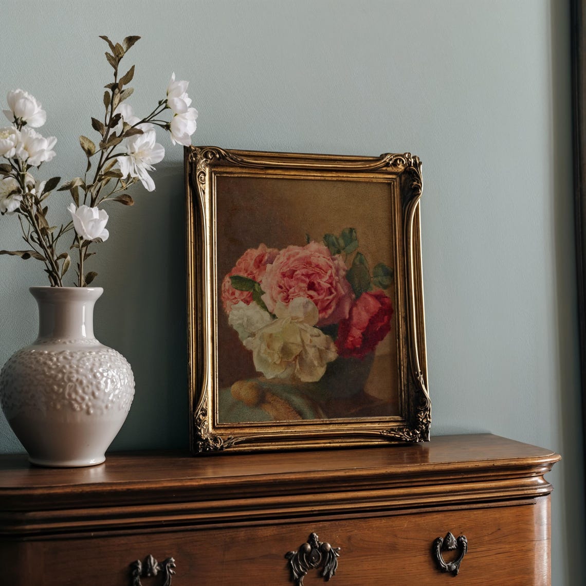 Vintage Rose Bouquet Painting Pink Red White Roses Vase Poster - Image 2