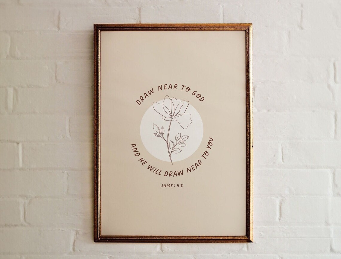 James 4:8 Draw Near To God Floral Line Art Bible Verse Christian Poster