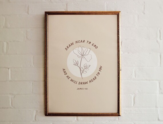 James 4:8 Draw Near To God Floral Line Art Bible Verse Christian Poster