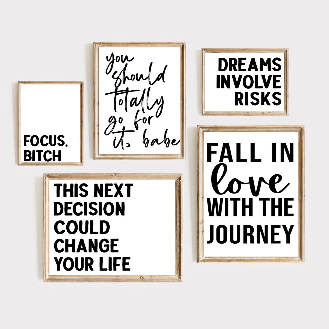 Five Piece Black And White Motivational Quote Gallery Poster Set