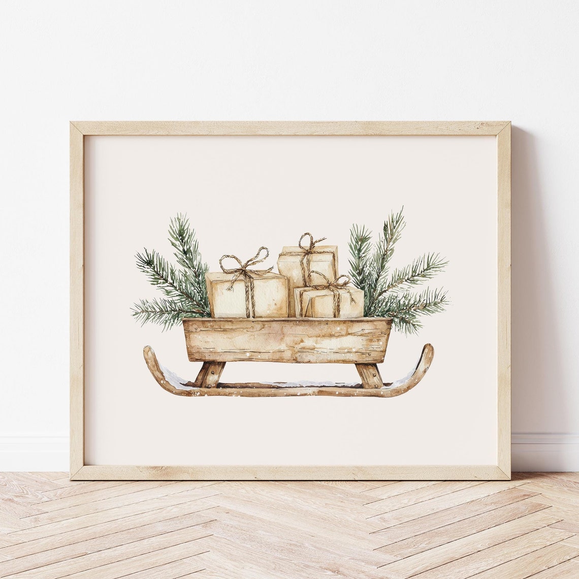 Christmas Sleigh with Gifts Watercolor Neutral Holiday Poster