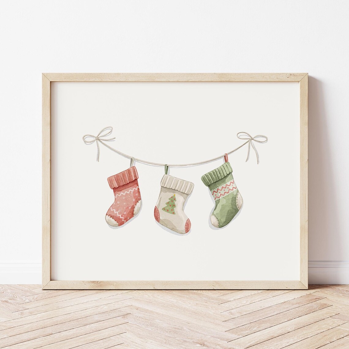 Christmas Stockings Garland Watercolor Holiday Mantel Poster