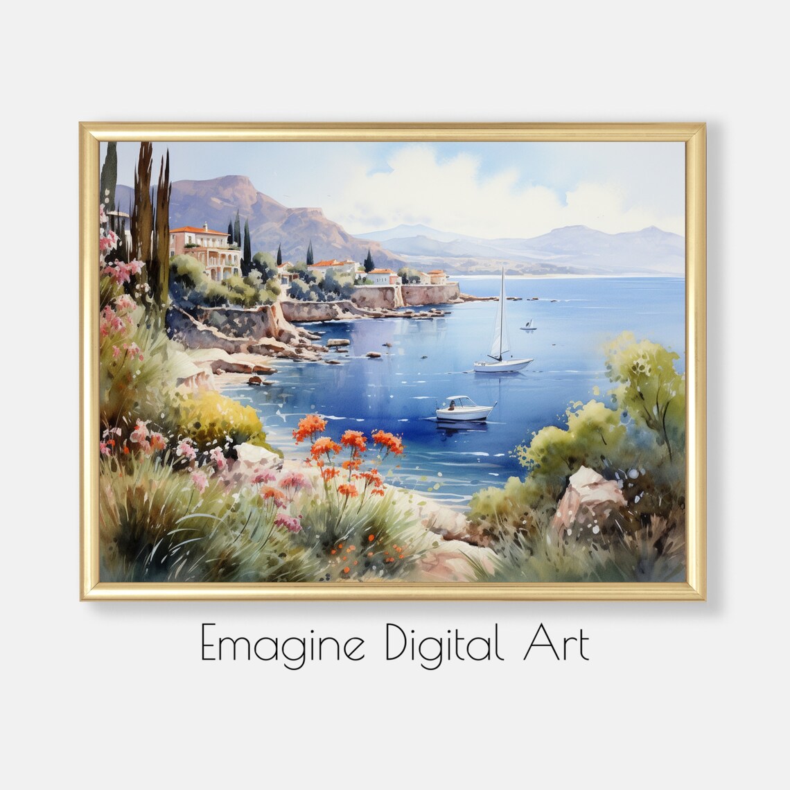 Mediterranean Coastline Watercolor Art Print, Seaside Landscape