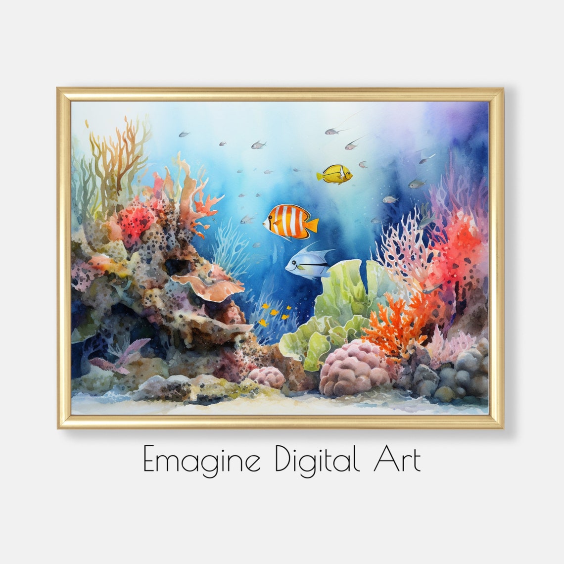 Vibrant Coral Reef Tropical Fish Watercolor Underwater Scene Poster