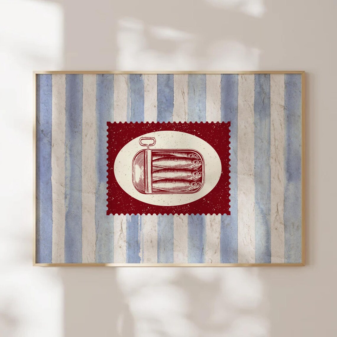 Vintage Striped Tinned Sardines Fish Print Kitchen Retro Wall Art Rustic Mid Century Modern Food Home Decor