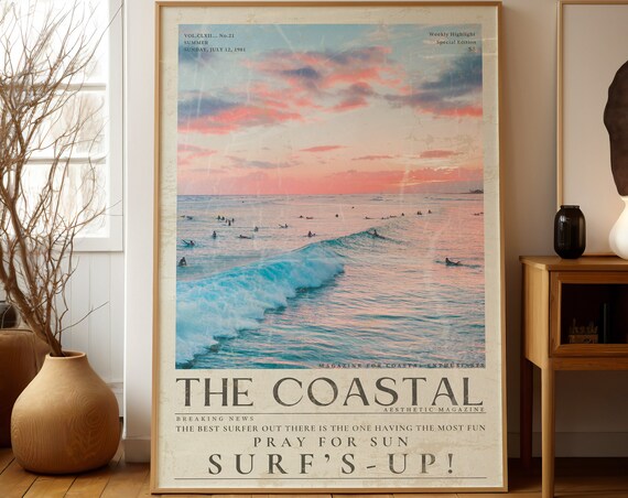 Coastal Wall Art Surfs Up Sunset Print Vintage Surfer Newspaper Pray For Sun Poster Surfer Gift Coastal Magazine Retro