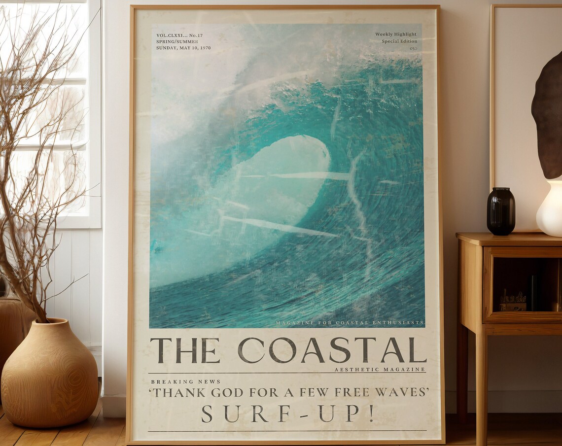Blue Coastal Life Surf Up Vintage Newspaper Print