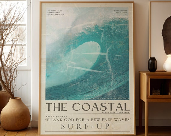 Blue Coastal Life Surf Up Vintage Newspaper Print