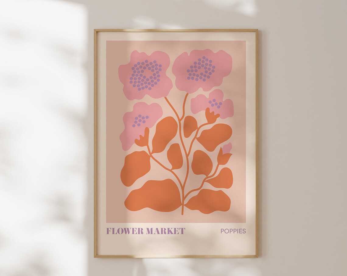 Flower Market Poppies Pink Orange Botanical Retro Style Poster - Image 4