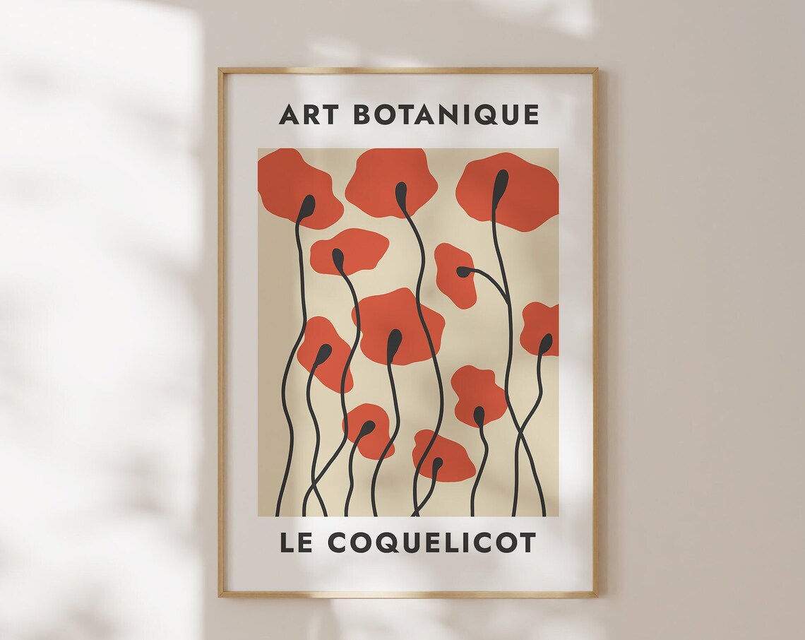 Red Poppy Wall Art Boho Decor Wildflowers Illustration Abstract Botanical Dorm Room Flower