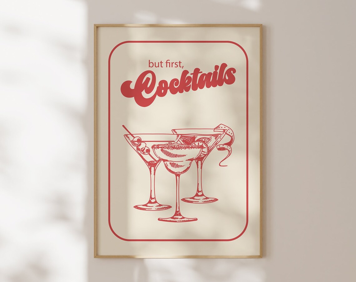 But First Cocktails Retro Red Martini Glasses Bar Cart Art Poster