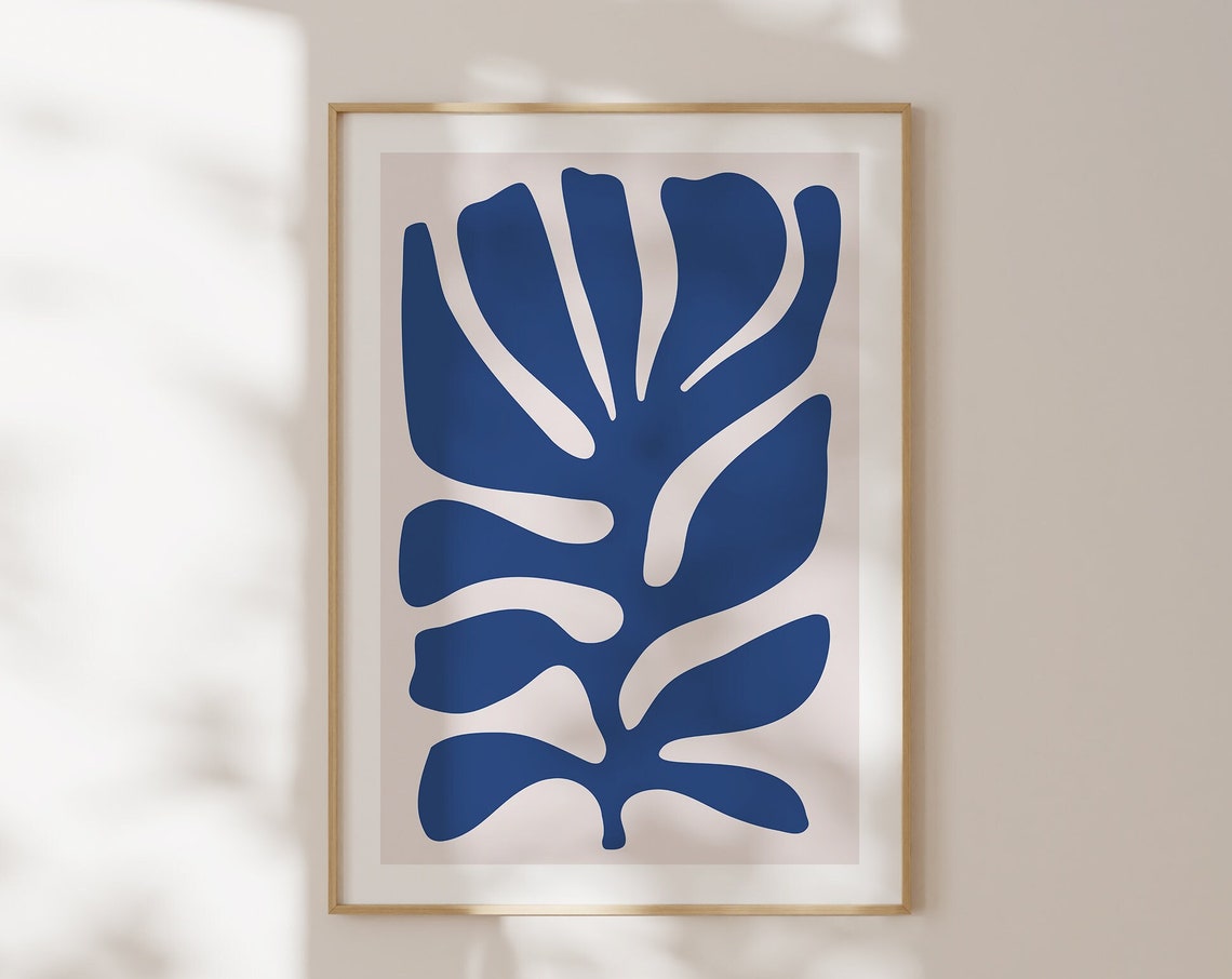 Navy Blue Abstract Leaf Cutout Minimal Botanical Decor Poster - Image 2