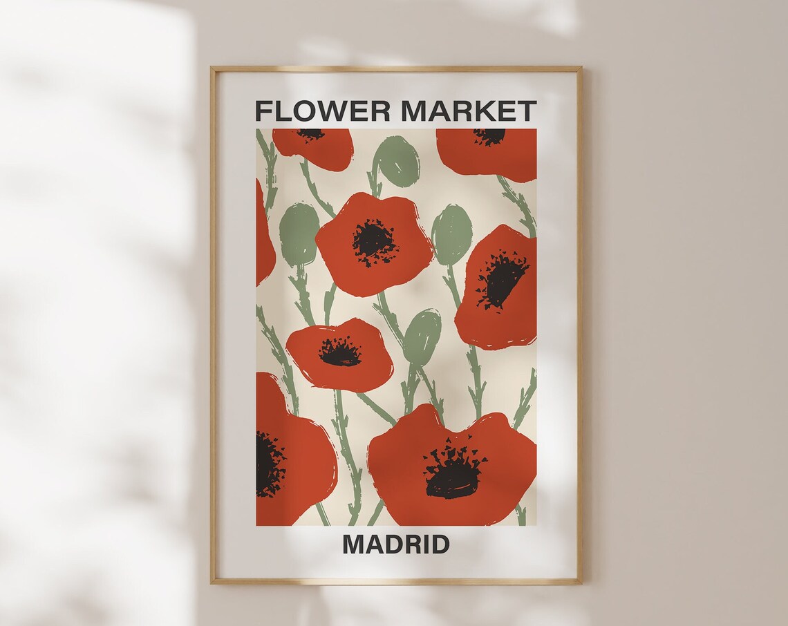 Flower Market Madrid Red Poppies Vintage Botanical Style Poster