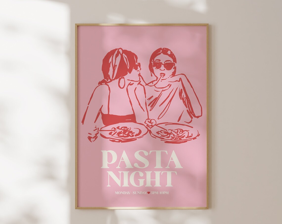 Pasta Night Pink Girls Dinner Party Illustration Trendy Kitchen Poster