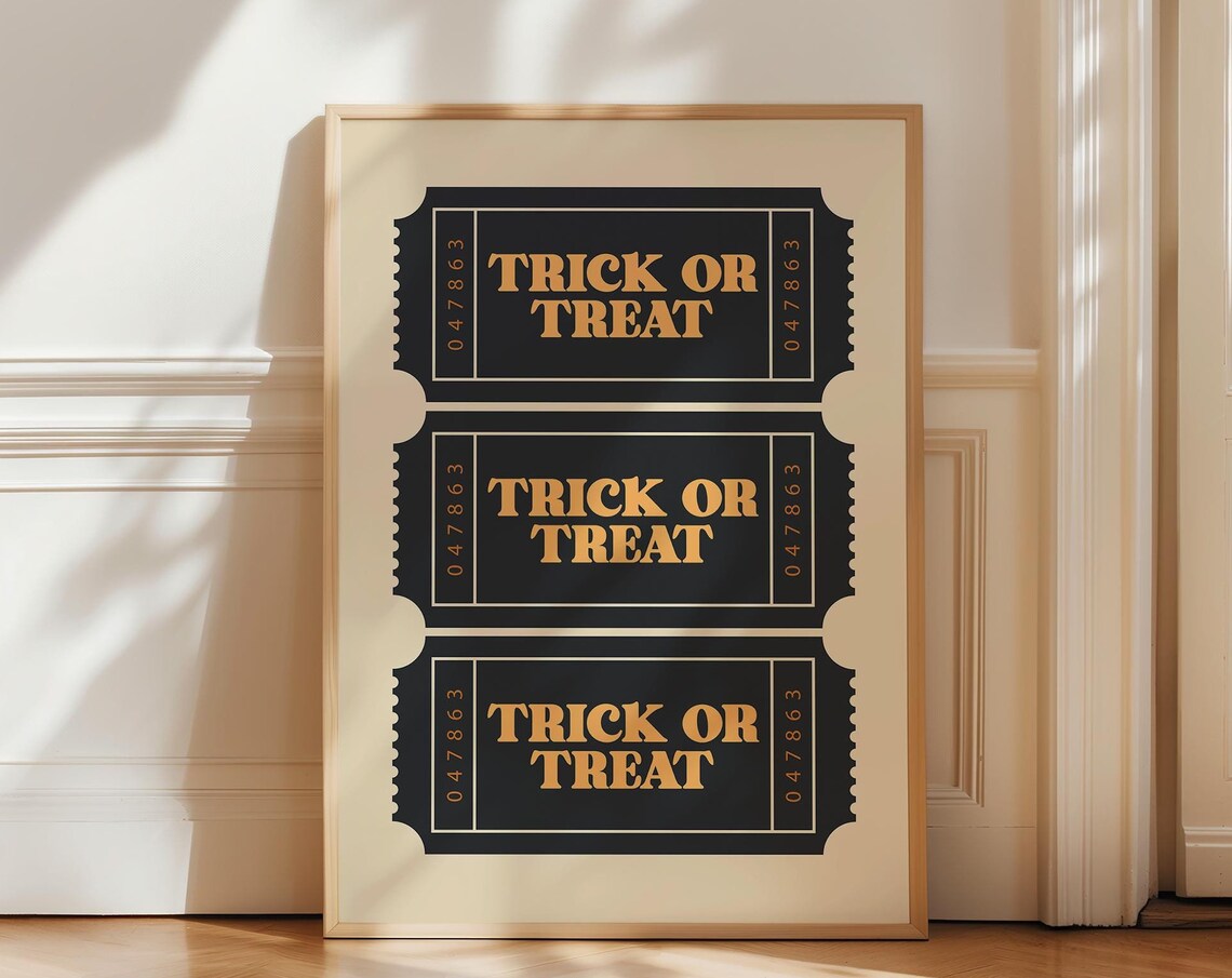 Trick or Treat Ticket Retro Halloween Black Gold Vintage Fun Poster