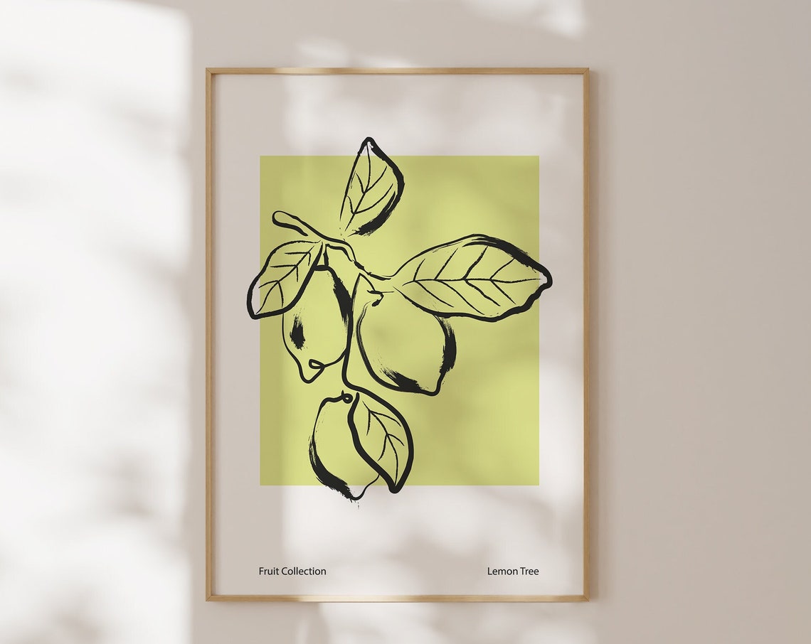 Lemon Tree Line Drawing Fruit Collection Green Botanical Art Poster