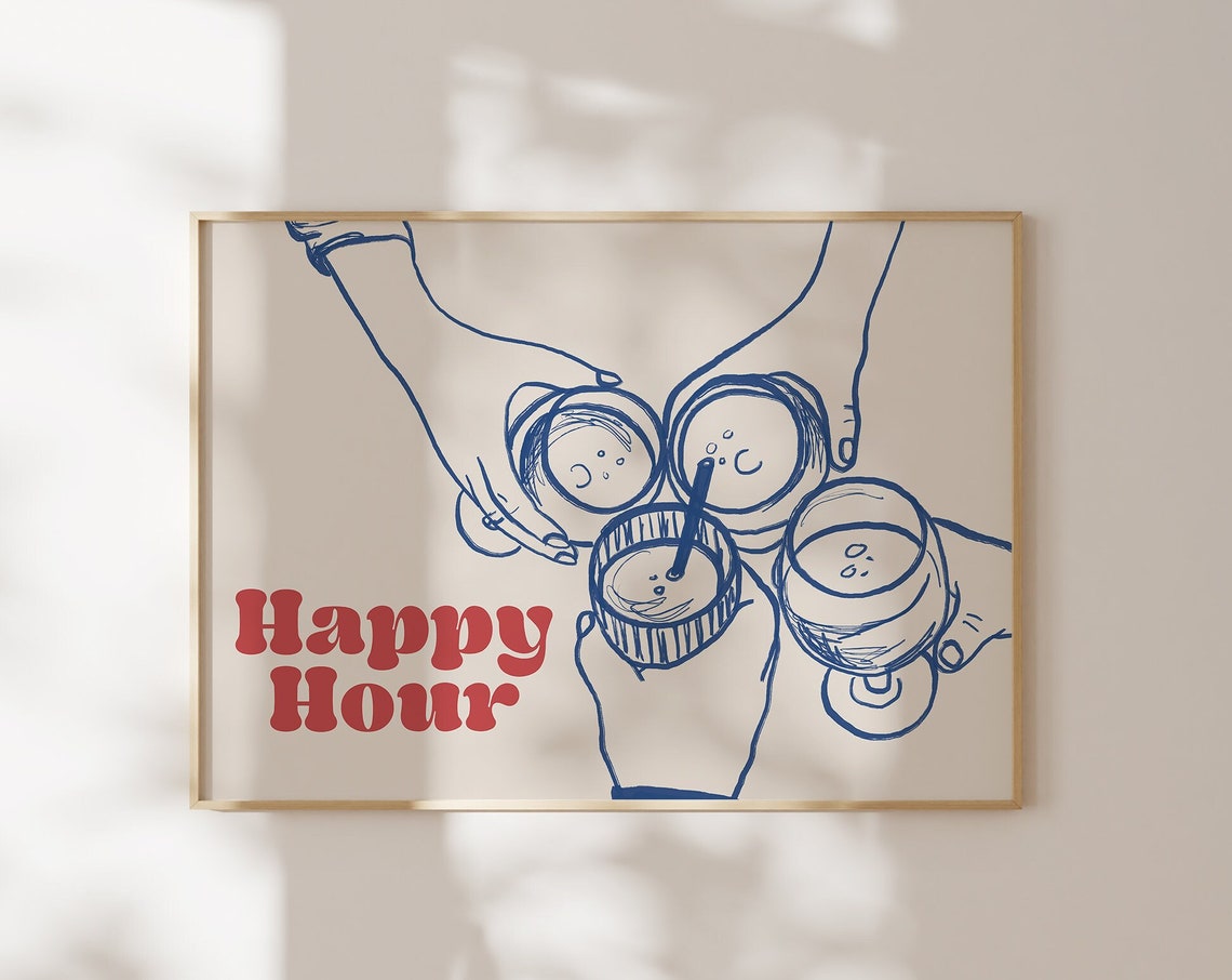 Happy Hour Blue Line Art Cocktail Cheers Party Bar Decor Wall Art