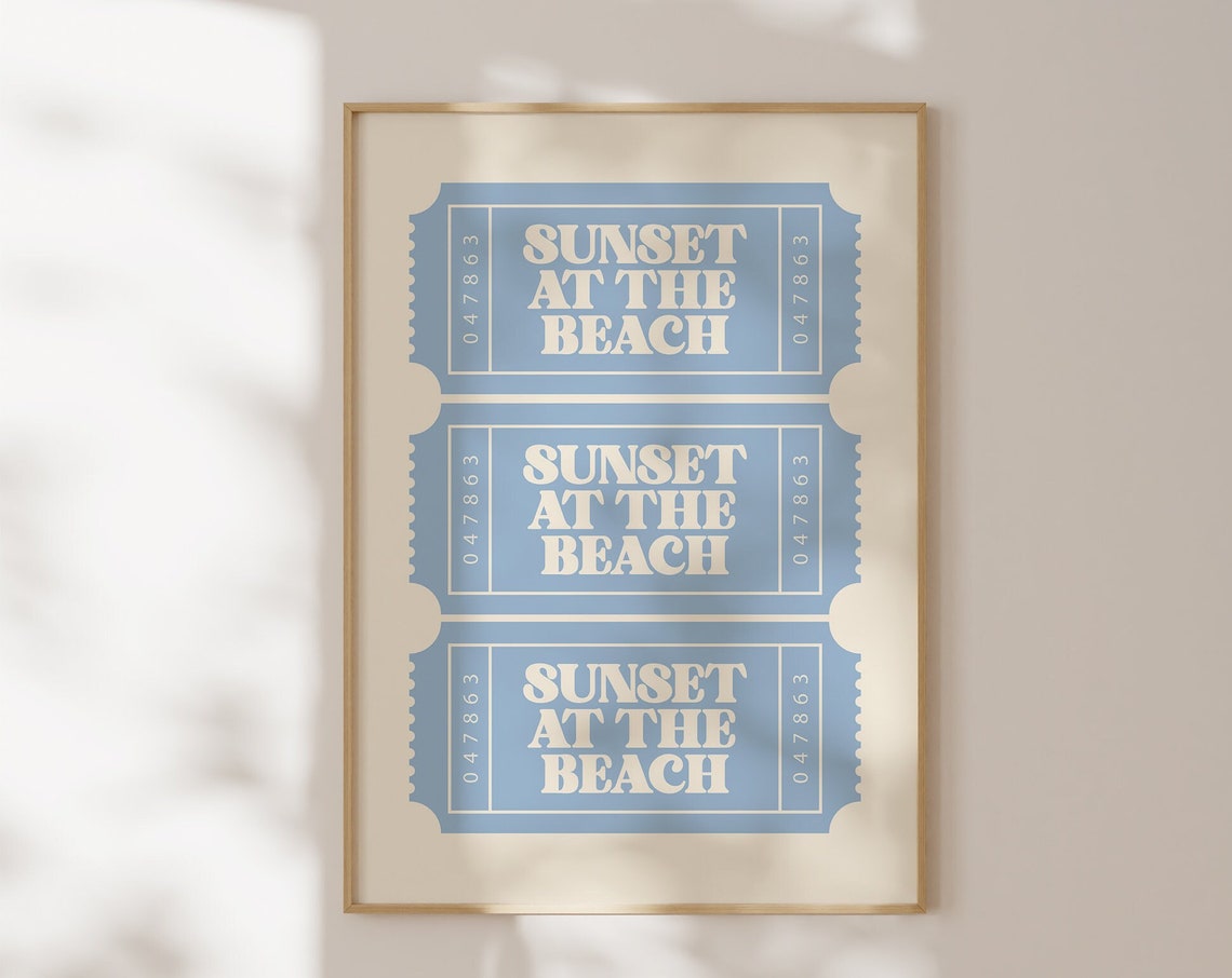 Sunset At The Beach Blue Retro Ticket Stub Art Creamy Bedroom Wall Art