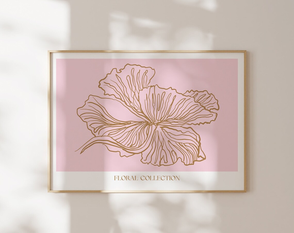 Gold Line Flower Drawing Pink Floral Collection Minimalist Poster