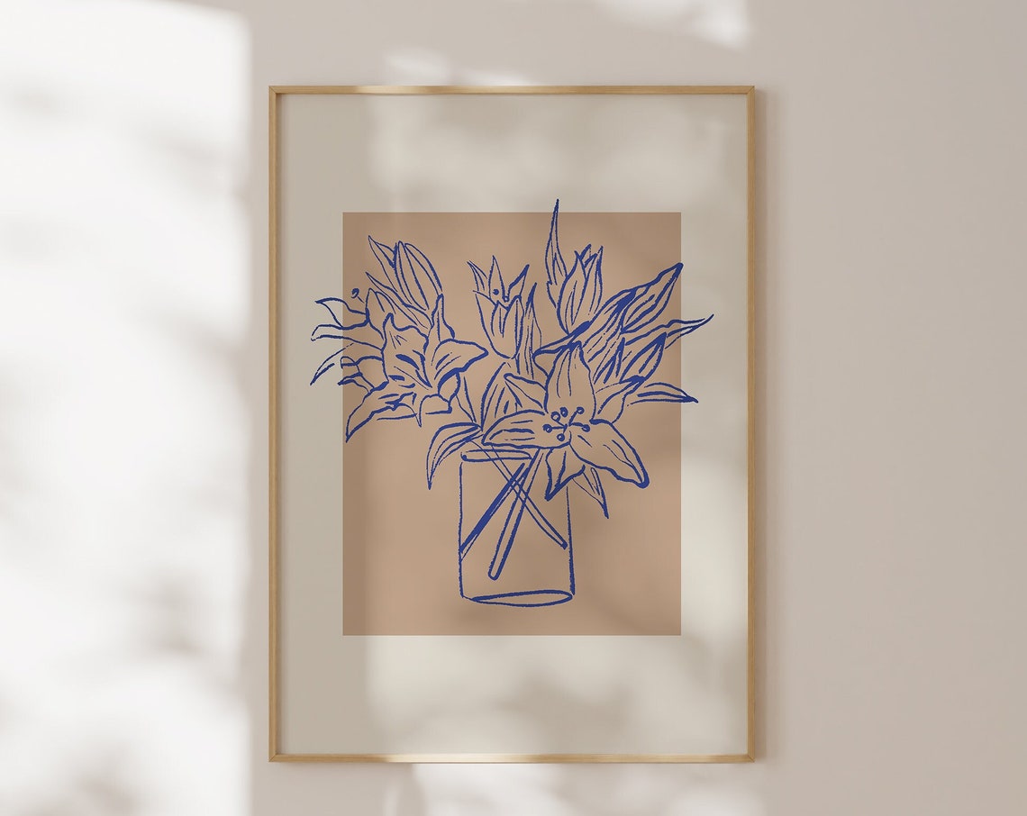 Blue Line Flower Vase Sketch Beige Botanical Minimalist Floral Poster - Image 4
