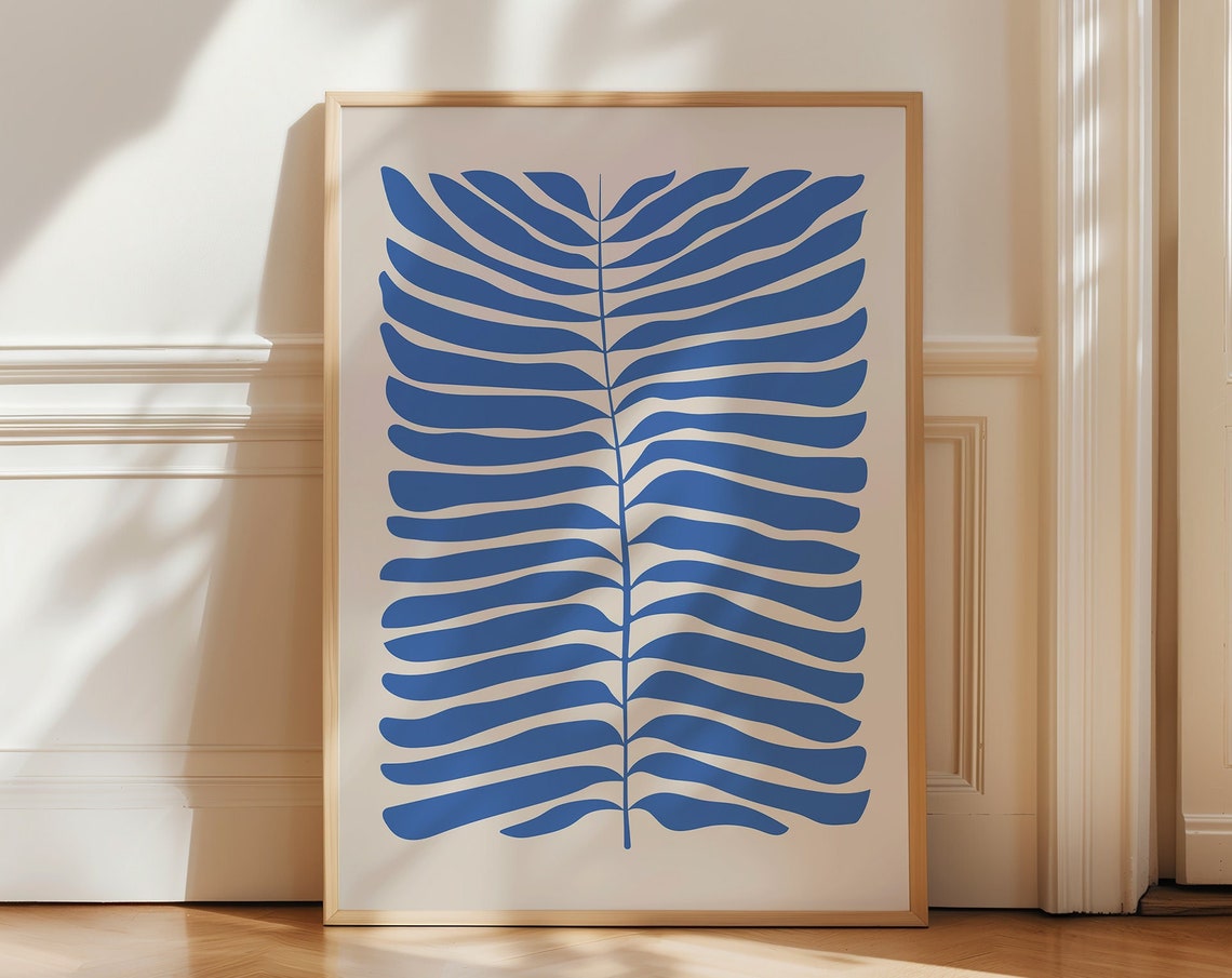 Cobalt Blue Palm Frond Botanical Mid Century Modern Art Poster