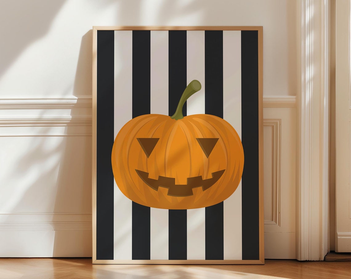 Halloween Pumpkin Jack O Lantern Orange Black Stripes Wall Poster