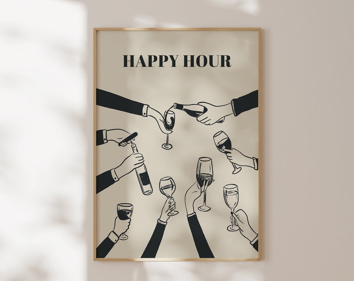Happy Hour Raised Wine Glasses Cheers Bar Cart Party Wall Art