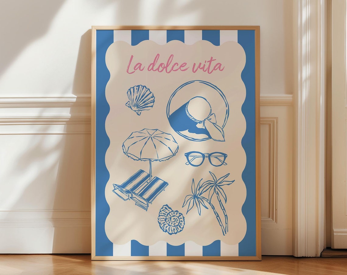 La Dolce Vita Blue Coastal Beach Illustration Striped Retro Poster