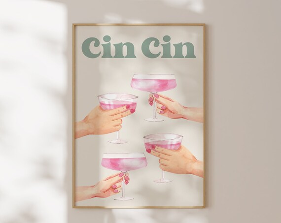 Cin Cin Cheers Pink Cocktail Coupe Toast Watercolor Bar Poster