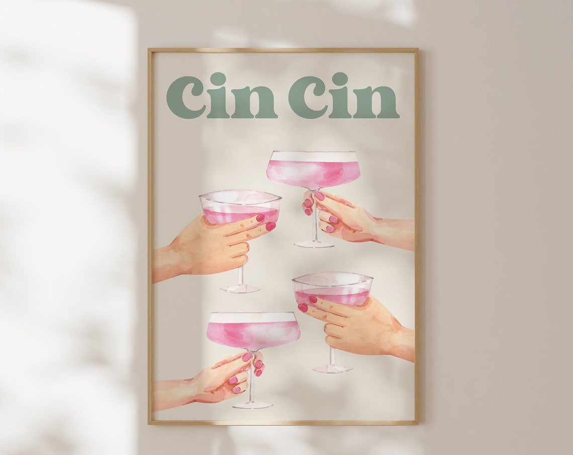 Cin Cin Cheers Pink Cocktail Coupe Toast Watercolor Bar Poster