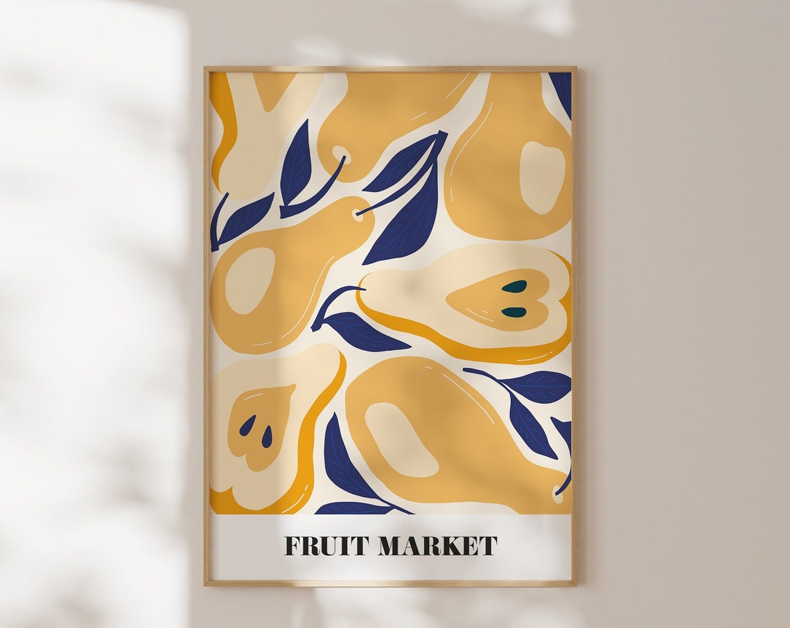 Fruit Market Pears Golden Yellow Blue Leaves Retro Kitchen Poster