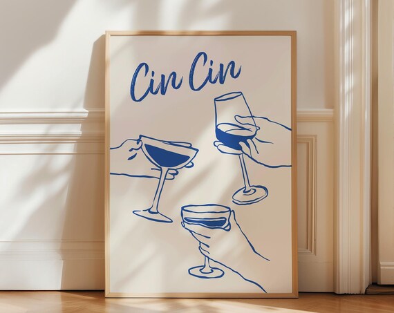 Cin Cin Blue Wine Glasses Toast Line Art Retro Bar Cart Poster