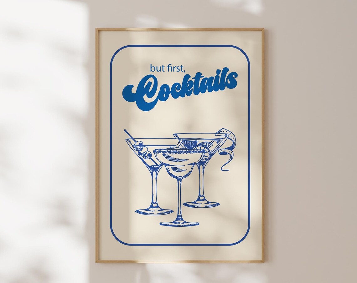 But First Cocktails Retro Navy Martini Margarita Bar Cart Poster