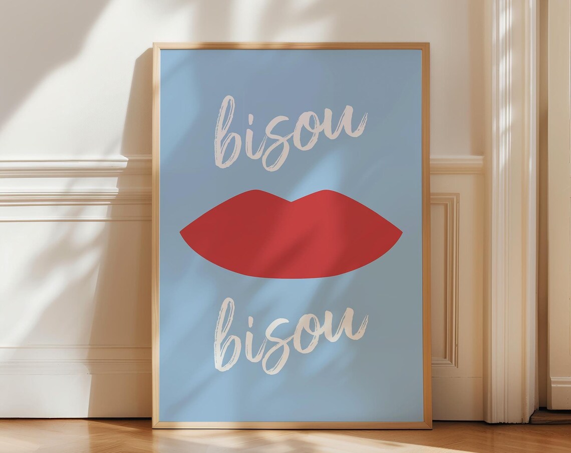 Bisou Kiss French Red Lips Blue Background Trendy Girly Poster