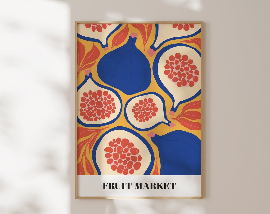 Fruit Market Bold Fig Pattern Blue Red Yellow Kitchen Wall Art